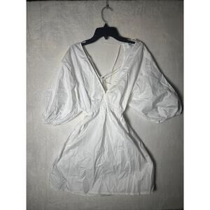 Suboo White Puff Sleeves Deep V Neck Open Back Tie Mini Dress Size‎ XS
